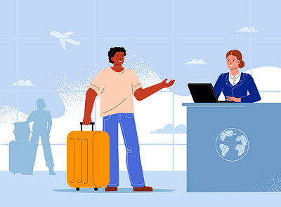 Check in airport chekin flat flight illustration jorney luggage man single staff vector