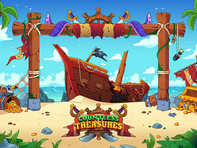 Countless Treasures: Promo Art 2d 2d game cartoon casino casual game gambling game game art illustration island pirates ship slot slot game slot machine slot online