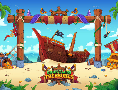 Countless Treasures: Promo Art 2d 2d game cartoon casino casual game gambling game game art illustration island pirates ship slot slot game slot machine slot online