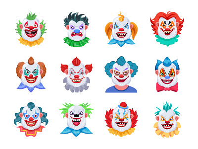 Scary Face Vector Set character clown creepy face flat flat design flat vector fun halloween horror icons jester joker mask monster scary scary face spooky vector set vectors