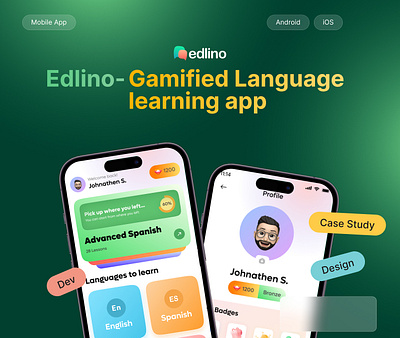 Edlino - A Brief Case Study, Real Development Project achievement animation batches case study course app e learning education app educational platform english gamification gamify ios language learning app minimalistic mobile app online course online learning app product design top design work web design