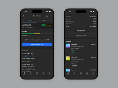 Order details - Mobile app customer details dark mode delivery ecommerce item status items manage order mobile mobile platform order details order progress order status orders payment status price products shipping ui ux