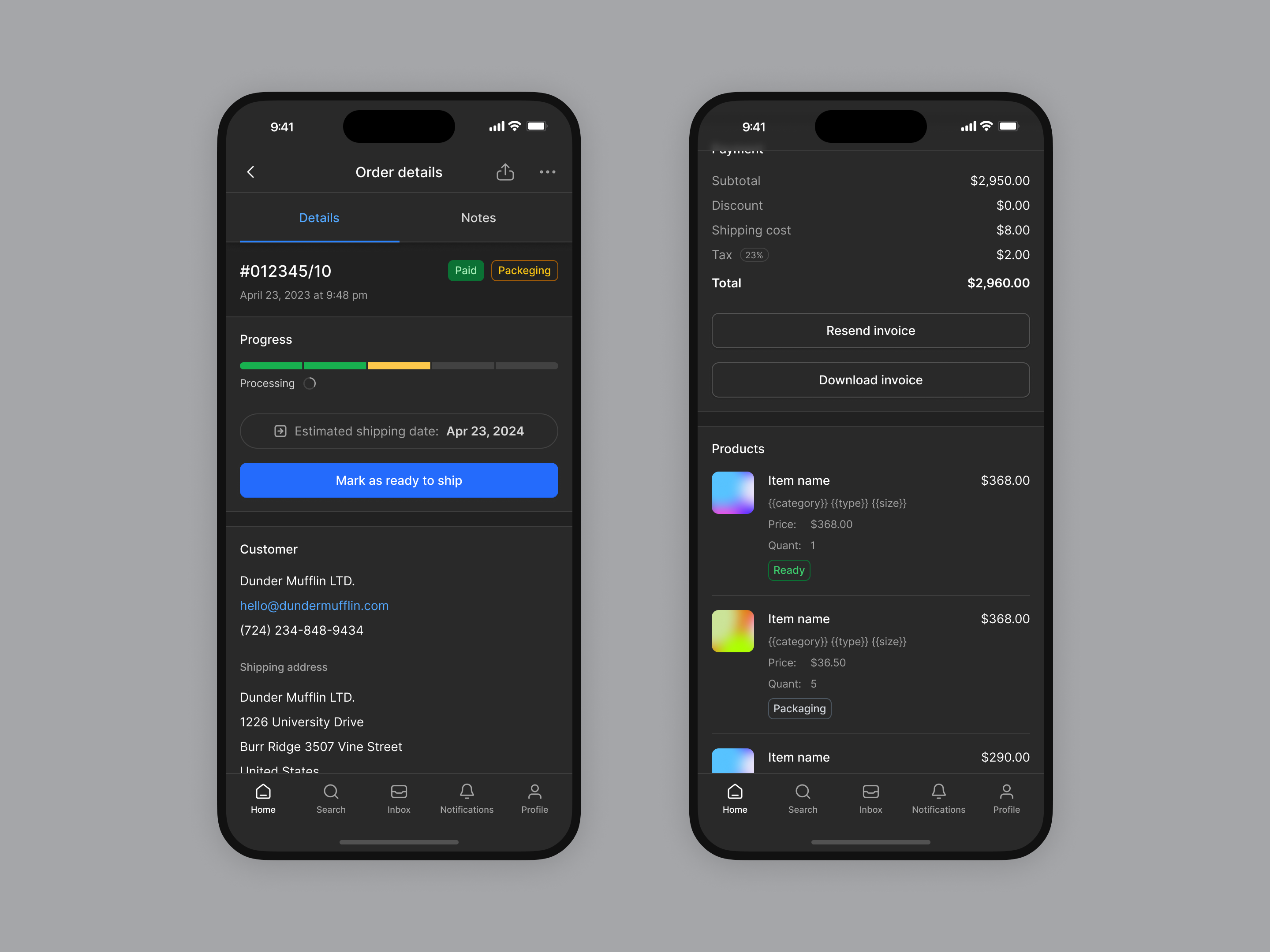 Example of Order details - Mobile app