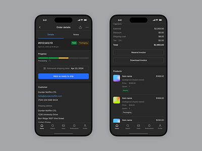 Order details - Mobile app customer details dark mode delivery ecommerce item status items manage order mobile mobile platform order details order progress order status orders payment status price products shipping ui ux