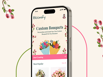 Bloomify - Custom Bouquets selling App animation app cart design designsystem ecommerce figma2024 flower minimal online shop product sales shop ui