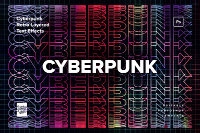 Cyberpunk Retro Layered Text Effects effect gradient mokcup neon overlay photoshop psd text typography veila