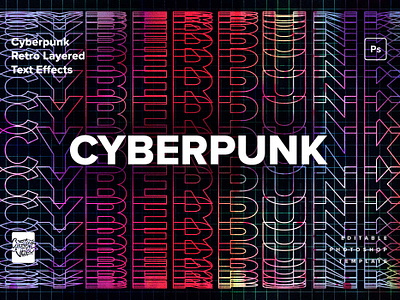 Cyberpunk Retro Layered Text Effects effect gradient mokcup neon overlay photoshop psd text typography veila
