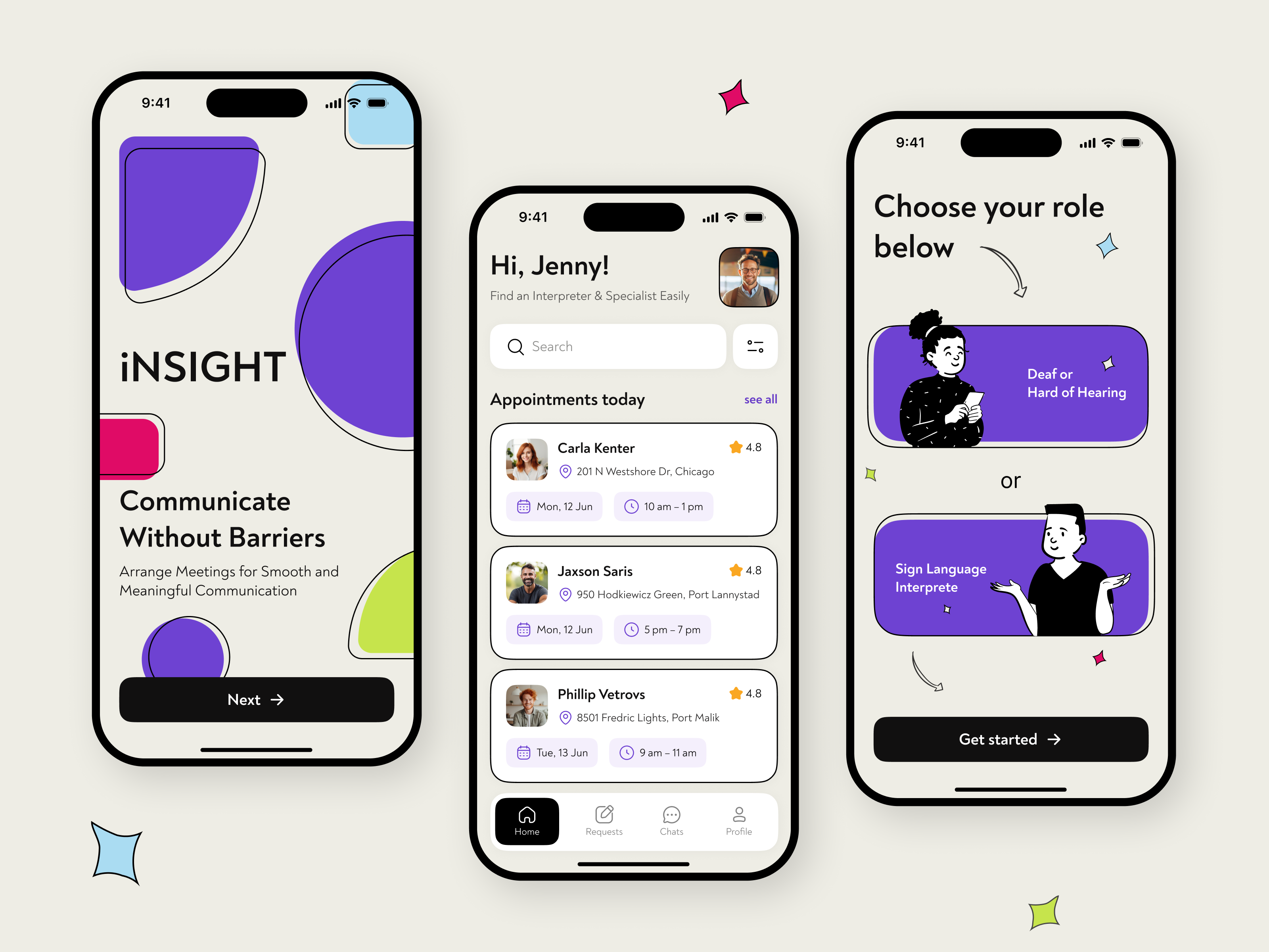 Booking an Interpreter Mobile App | iNSIGHT ai appointments booking meetings communication deaf hard of hearing home page home screen interpreter mobile app mobile application onboarding screen role select role sign language tab bar ux ui