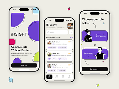 Mobile App | iNSIGHT ai appointments booking meetings communication deaf hard of hearing home page home screen interpreter mobile app mobile application onboarding screen role select role sign language tab bar ux ui