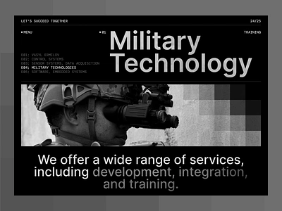 Military Technology / Promo Website dark design dark interface dark theme design concept development high tech integration military minimalistic progressive design promo website design software solutions solar digital technologies training ui design ui navigation user interface web ui web ux