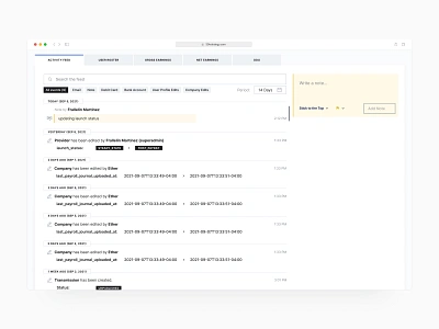 Activity Feed - Backend Payroll Integration Portal (B2B) activity admin dashboard enterprise finance fintech integration log minimal payroll product design saas software ux ux design ux strategy web app