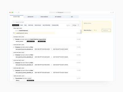 Activity Feed - Backend Payroll Integration Portal (B2B) activity admin dashboard enterprise finance fintech integration log minimal payroll product design saas software ux ux design ux strategy web app