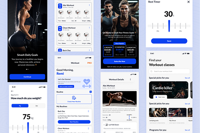 Fitness App UI brand cardio figma fitness fitness app graphic design gym gym app home home screen pro reminder splash screens subscription tracking workout screen