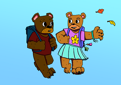 Cartoon bears running to school character design design illustration