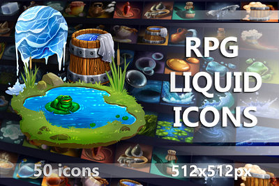 RPG Liquid Game Icons 2d art asset assets elements fantasy game game assets gamedev icon icons illustration indie indie game mmorpg pack rpg set ui water