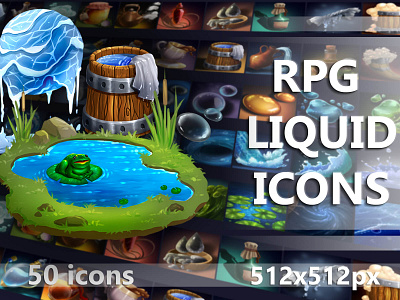 RPG Liquid Game Icons 2d art asset assets elements fantasy game game assets gamedev icon icons illustration indie indie game mmorpg pack rpg set ui water