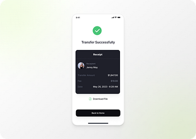 Transfer Success Screen appdesign experience finance design fintech paymentapp paymentconfirmation payments productdesign recipt design uidesign userexperience userinterface uxui webdesign