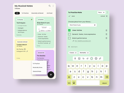 Notes Section in music practice app UI add app done keyboard list music notes notes taking section tasks to do ui
