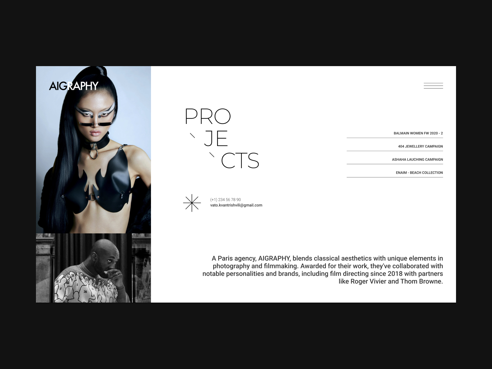 AIGRAPHY - Photography Agency (Projects, Footer & Menu) balmain black branding china fashion week footer fw icon japan logo menu paris projects ui user experience user interface ux vector web design white