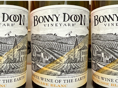Bonny Doon Vineyard label rendered by Steven Noble artwork branding design engraving etching illustration line art scratchboard steven noble wine wine label woodcut