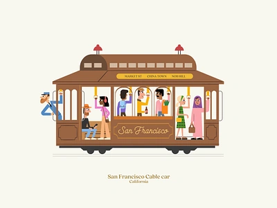 Next stop: San Francisco america art cable car character design city colors design digital art diversity illustration people retro san francisco simple transportation vector vehicle vintage