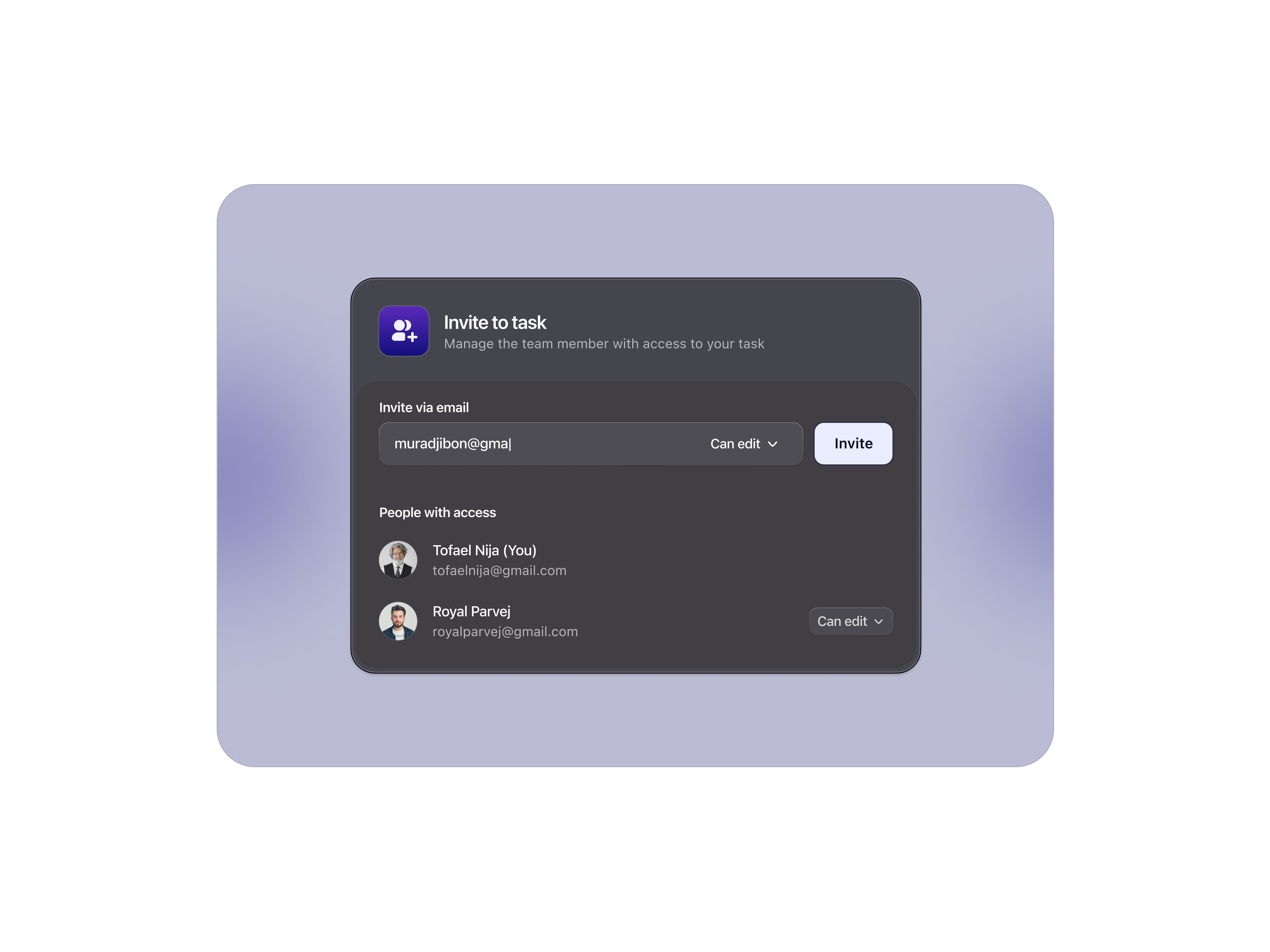 Invite to task Modal app component dashboard design ecommerce freelancers minimal modal product design project management ui uiux ux