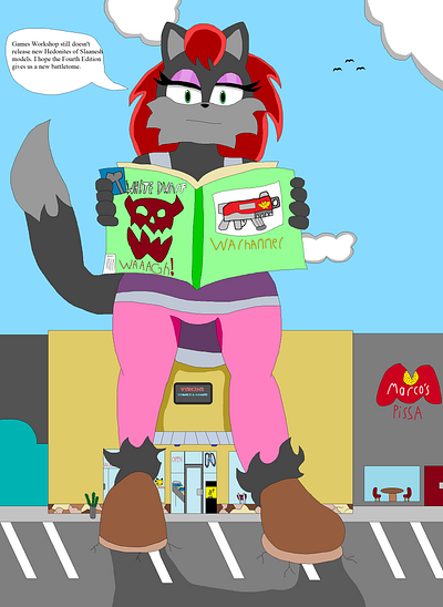 Scylla On the Comic Book Store adult anthro character comic fantasy fox funny furry giantess kaiju lady mobian monster reading satire sonic sonicoc superpowers villainess woman