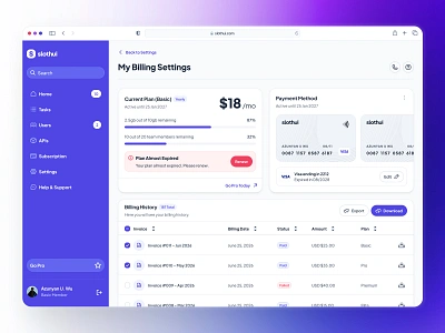 slothUI - World's Laziest Design System - Billing Settings UIUX billing dashboard billing plan ui billing settings billing ui clean ui dashboard design dashboard ui design system figma design system figma ui kit minimal ui modern ui profile dashboard settings dashboard simple ui slothui table ui ui ui design ui kit