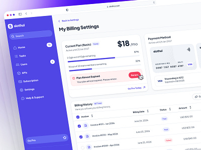 slothUI - World's Laziest Design System - Billing Dashboard UIUX account dashboard account settings ui billing dashboard billing settings ui billing ui clean ui dashboard design dashboard ui design system gradient ui minimal ui modern ui profile dashboard profile settings ui purple settings dashboard simple dashboard table ui ui design ui kit