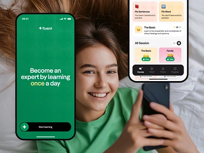 Fluent - Language Learning Apps app branding clean coruces course design education education app language language app learning apps learning platform light mobile apps mobile design online course ui ux