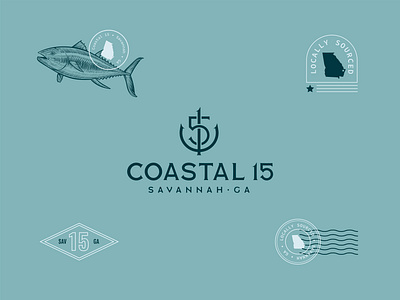 Coastal 15 Brand anchor blue branding classy coastal design fish georgia graphic design illustration logo modern ocean savannah seafood typography unique vector