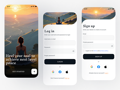 Healing app login & signup screens ai animation dailyui dailyuichallenge healing app health illustration login minimalistic onboadring signup sirswaravi yoga