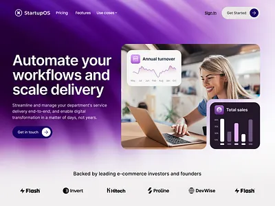 StartupOS - SaaS automation website design in Webflow analytics automation finance fintech framer hiring insights landing page payments purple sales startup team teams technology web page web ui webflow website workflows