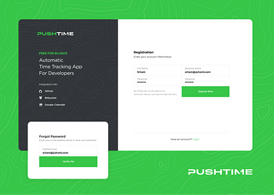 Pushtime - Automatic Time Tracking App for Developers application branding chart dashboard green juhomi login onboarding pushtime registration signup timetracker ui ux