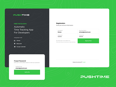 Pushtime - Automatic Time Tracking App for Developers application branding chart dashboard green juhomi login onboarding pushtime registration signup timetracker ui ux