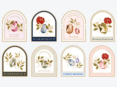 Crystal & Floral Clip Art Designs with Affirmations affirmation botanical branding clip art decoration design digital art floral flower flower illustration illustration label labels law of attraction logo manifestation nature quotes roses stickers