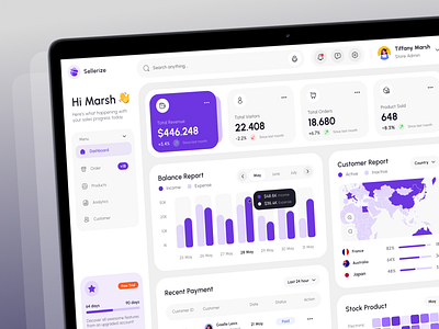 Sellerize - Sales Management Dashboard analytics animation app black crm customer dashboard design finance management product purple saas sales tablet typography ui ux website white