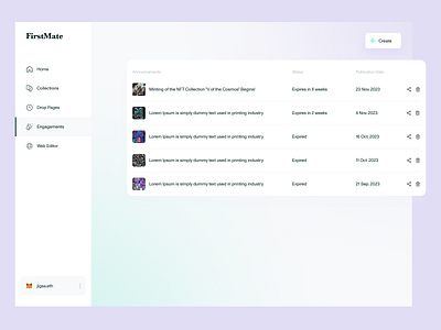FirstMate - Engagements announcements blockchain cryptocurrency engagements marketplace nft nft storefront ui ui design ux ux design web app web app design