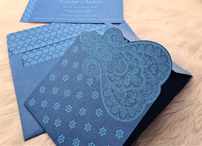 TEAL BLUE PAISLEY THEMED - SCREEN PRINTED WEDDING INVITATION indianweddingcards wedding invitations