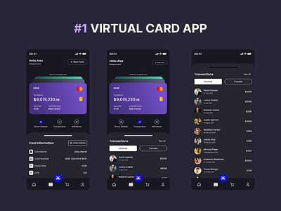 #1 virtual card app | Dark app clean design minimal design real estate ui ux