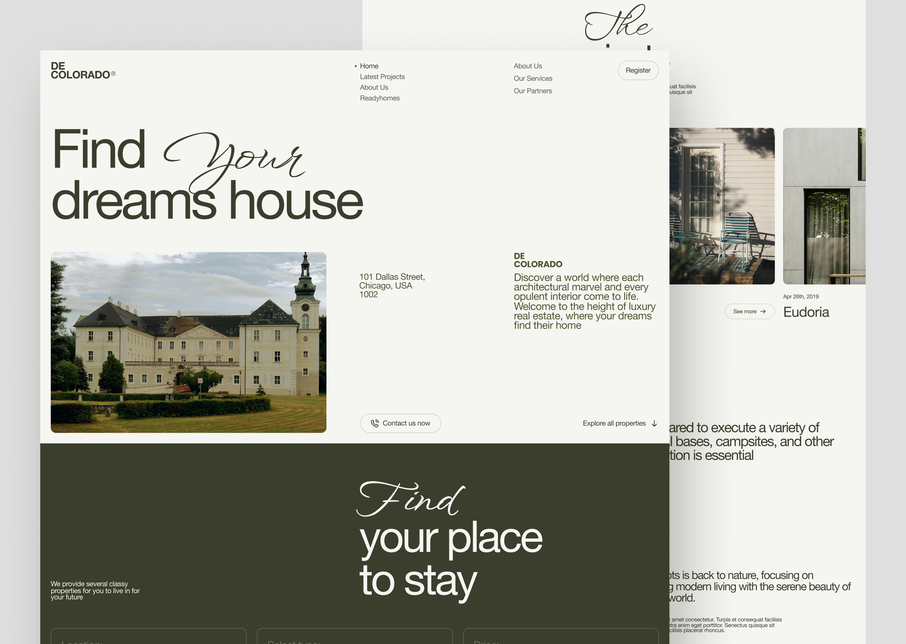 De Colorado - Real Estate Agency agency brutalism card clean home page landing page landing page design minimalism real estate real estate agency real estate design real estate web real estate website swiss design ui web web design web ui webflow website design
