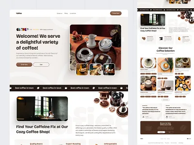 Kafiee - Coffee Shop Landing Page brown landing page brutalism calm coffee coffee bean coffee shop landing page minimalist playful design promotional page ui ux youthful