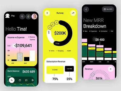 Pry - Financial Planning and Analysis Software branding breakdown expenses finance manegment financial health logo mobile screens mrr pay screens technology ui