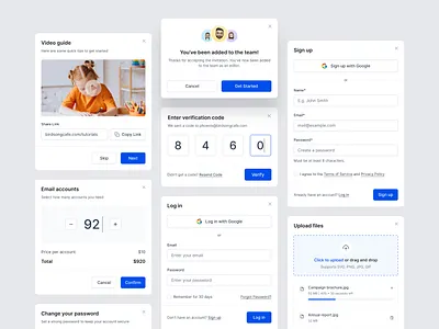 Modals change password code design email accounts get started guide invite log in modal modal design product design sign up ui upload upload files ux verification verification code video video guide