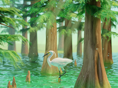 Spirit of Wetlands 3d 3d art animal bird blender cypress diorama egret environment forest illustration modeling nature pastel render season spring water wetland wetlands