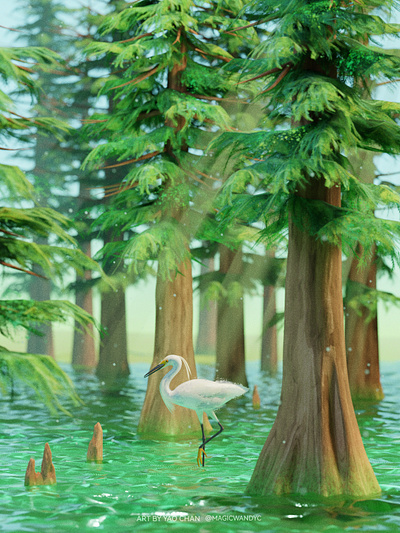 Spirit of Wetlands 3d 3d art animal bird blender cypress diorama egret environment forest illustration modeling nature pastel render season spring water wetland wetlands