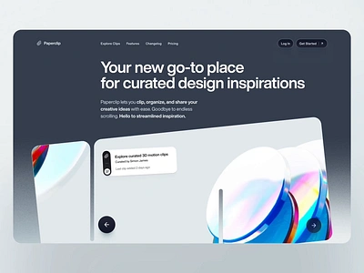 Paperclip - Inspiration Web Tool - 3D Exploration 3d animation colors dove glass illustration landing page motion motion graphics navy paperclip spline ui website website design