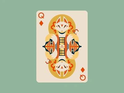 Quinn the Fox Playing Cards: Queen of Diamonds Illustration animals asian art board game cards color colour cute design flat design fox fox mask geometric illustration japan kitsune nature playing card art playing cards queen of diamonds vector