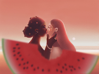 Kiss beach digital illustration lgbtq love relationship summer summertime sunset watermelon women