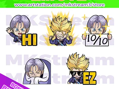 Emotes dragon ball trunks hi, comfy, perfect, rage & ez pack animated emotes anime comfy cute design dragon ball dragonball emote emotes ez goku hi illustration rage sub badge super saiyan trunks trunks emotes twitch emotes vegeta